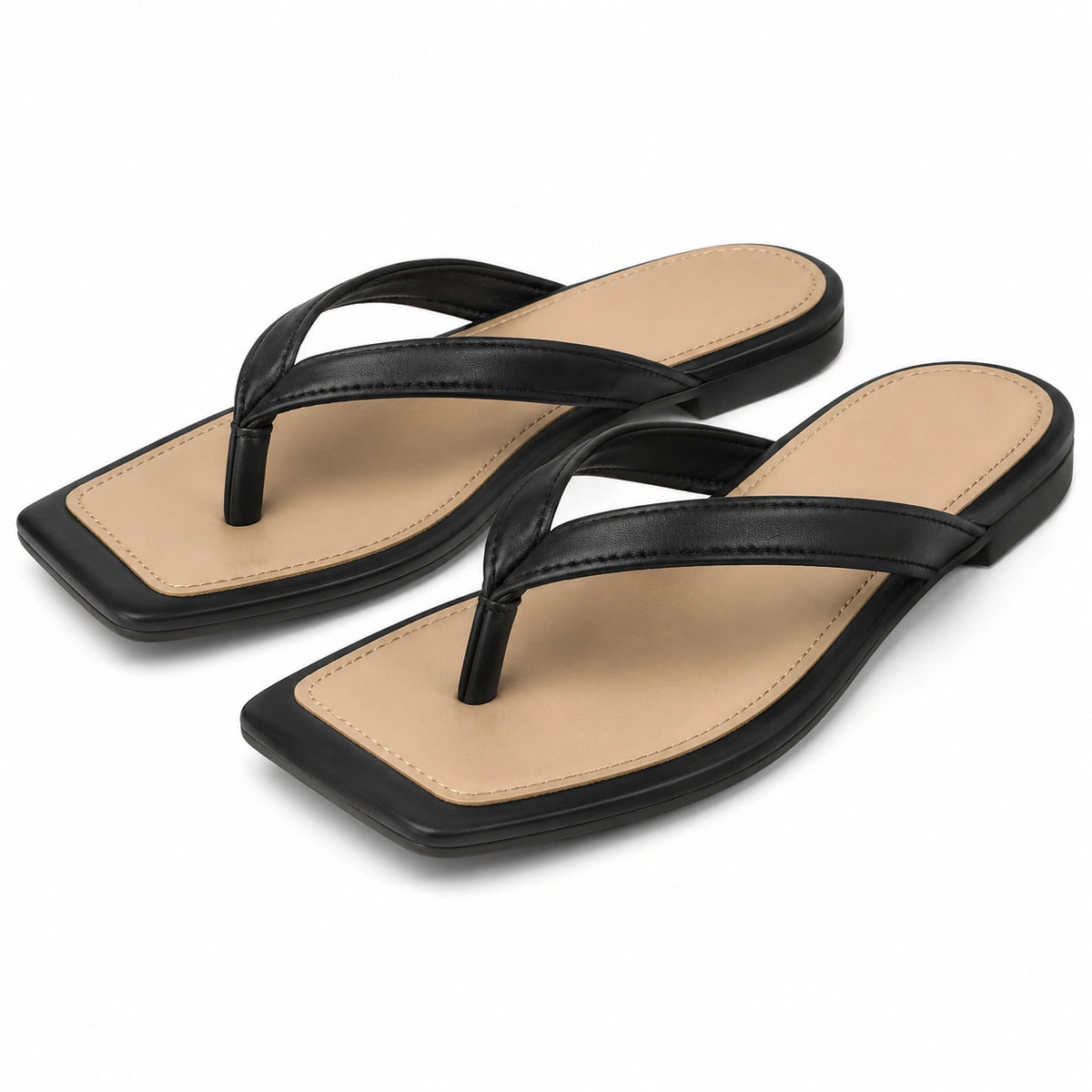 Infradito donna 38/39 in materiale sintetico nero/beige con punta quadrata e suola piatta